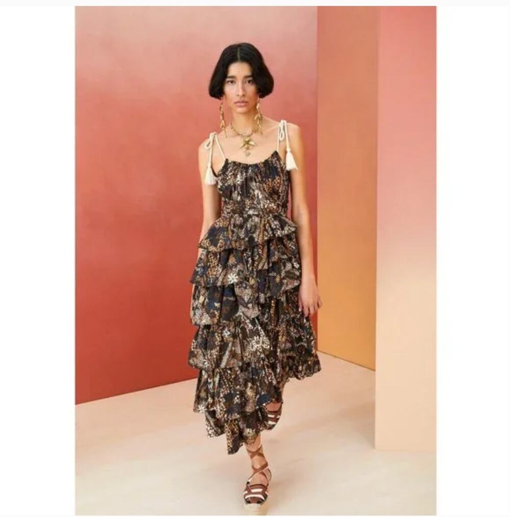 Ulla Johnson Estela Asymmetric Tiered Floral-Print Dress Bronze Brown Size 2